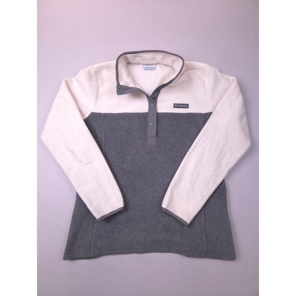 Columbia Womens Fleece Pullover Snap Neck Color Block Gray White Medium